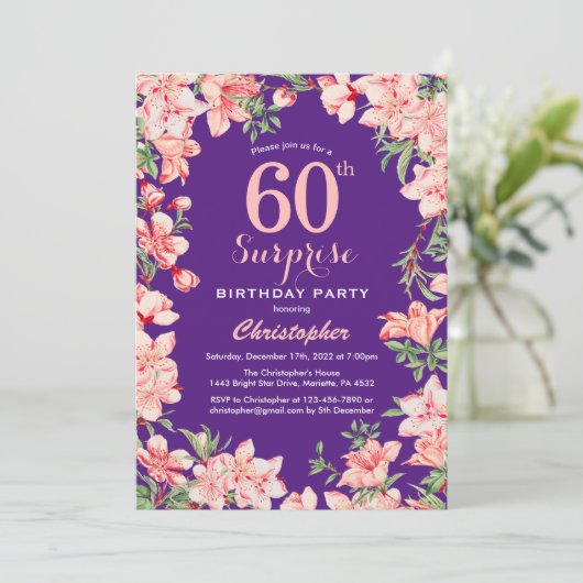 サプライズ60th誕生日ピンクフローラフラワーズパープル 招待状 (スタンド正面)