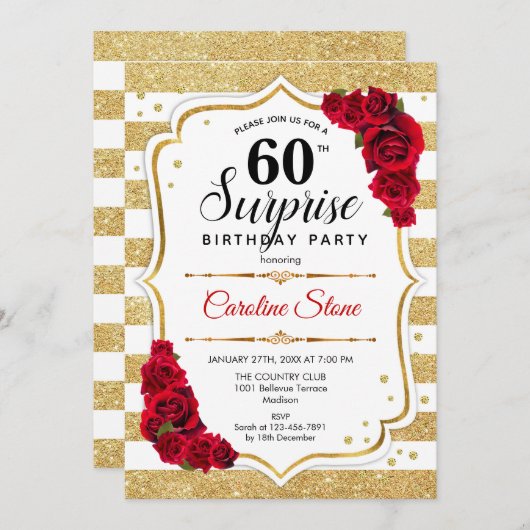 サプライズ60th誕生日-金ゴールドホワイトレッド 招待状 (正面/裏面)