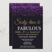 サプライズ62誕生日紫と金ゴールドグリッター 招待状 (正面/裏面)