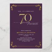 サプライズ70と素晴らしいパープル&金ゴールド誕生日フォイル 箔招待状 (正面)