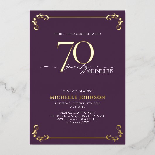 サプライズ70と素晴らしいパープル&金ゴールド誕生日フォイル 箔招待状 (正面)
