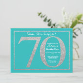 サプライズ70歳の誕生日 ティールとシルバーのグリッター 招待状 (スタンド正面)