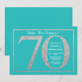 サプライズ70歳の誕生日 ティールとシルバーのグリッター 招待状 (正面/裏面)