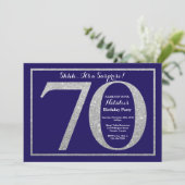 サプライズ70歳の誕生日 ネイビーブルー シルバーグリッター 招待状 (スタンド正面)