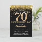 サプライズ70歳の誕生日 ブラックとゴールドのグリッター 招待状 (スタンド正面)