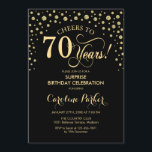 サプライズ70歳誕生日パーティー - ゴールド ブラック 招待状<br><div class="desc">70歳の誕生日パーティーのサプライズ招待状。黒と疑似グリッターゴールドのエレガントなデザイン。スクリプトフォントとダイヤモンドのコンフェッティが特徴です。 70年のお祝いに乾杯！ さらにカスタマイズが必要な場合はメッセージください。</div>