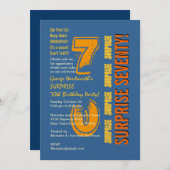 サプライズ70番目の誕生日ブルーモダン金ゴールドイエロー 招待状 (正面/裏面)