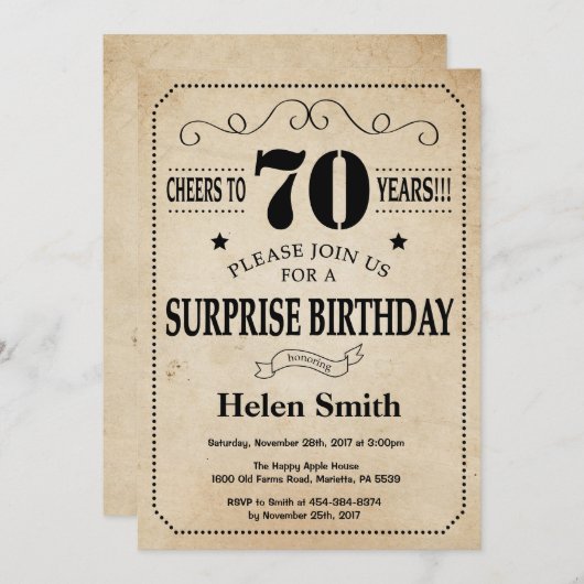 サプライズ70番目の誕生日素朴ヴィンテージレトロ 招待状 (正面/裏面)
