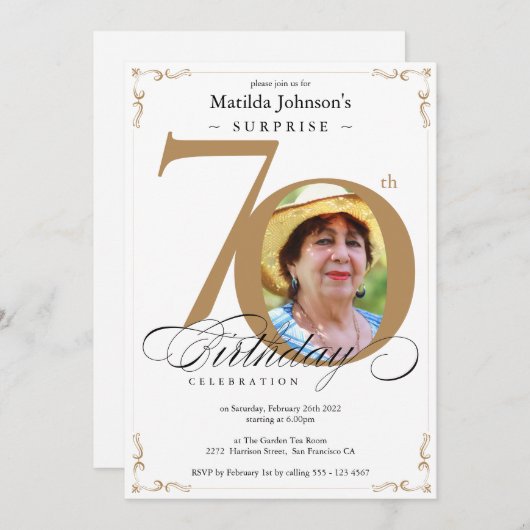 サプライズ70誕生日エレガント金ゴールド白写真 招待状 (正面/裏面)