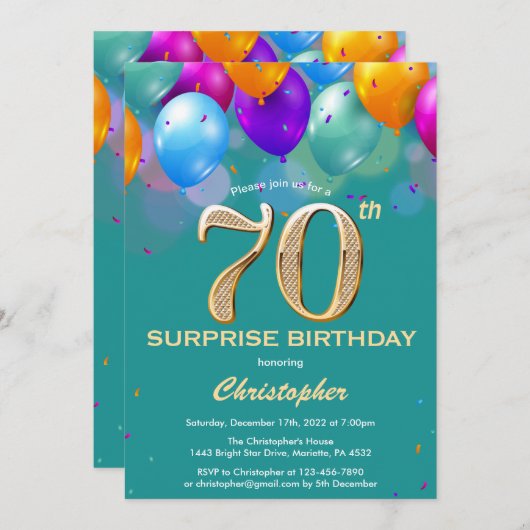 サプライズ70誕生日ティール（緑がかった色）と金ゴールドバルーン 招待状 (正面/裏面)