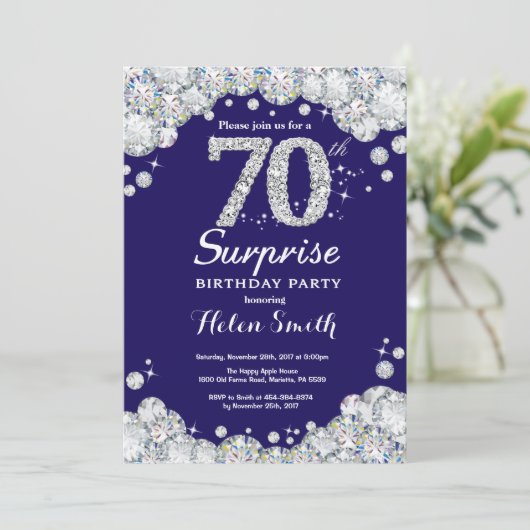 サプライズ70誕生日ネイビーブルーシルバーダイヤモンド 招待状 (スタンド正面)