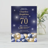 サプライズ70誕生日ネイビーブルー金ゴールドバルーン 招待状 (スタンド正面)