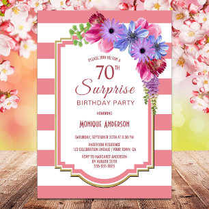 サプライズ70誕生日ピンクストライプのフローラパーティー 招待状