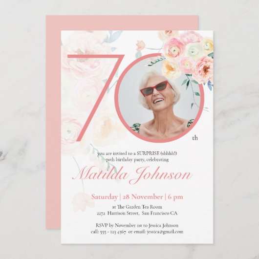 サプライズ70誕生日ピンクフローラカスタム写真 招待状 (正面/裏面)