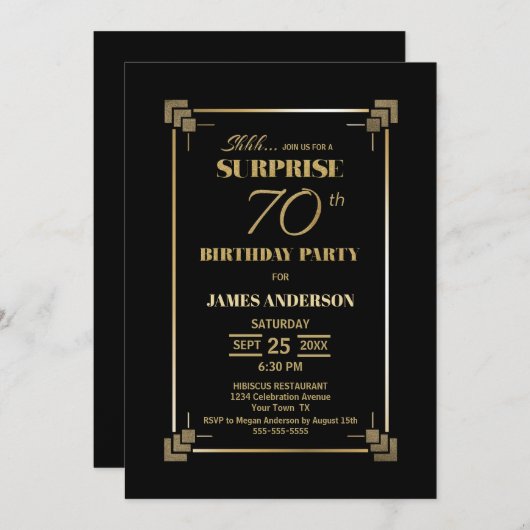 サプライズ70誕生日ブラックと金ゴールドパーティー 招待状 (正面/裏面)