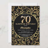 サプライズ70誕生日ブラックと金ゴールドフローラ 招待状 (正面)