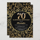 サプライズ70誕生日ブラックと金ゴールドフローラ 招待状 (正面/裏面)