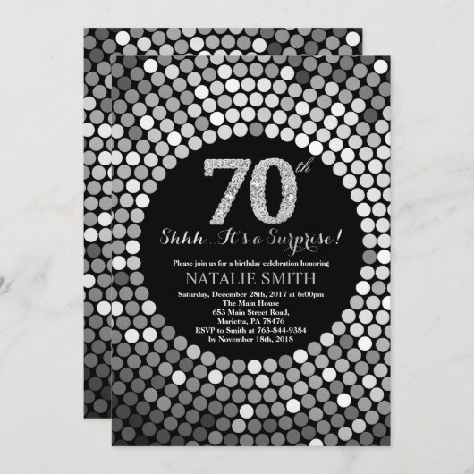 サプライズ70誕生日ブラックアンドシルバーグリッター 招待状 (正面/裏面)