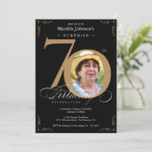 サプライズ70誕生日ブラック金ゴールドエレガント写真 招待状 (スタンド正面)