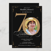 サプライズ70誕生日ブラック金ゴールドエレガント写真 招待状 (正面/裏面)