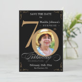 サプライズ70誕生日ブラック金ゴールド保存日付 招待状 (スタンド正面)