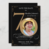 サプライズ70誕生日ブラック金ゴールド保存日付 招待状 (正面/裏面)