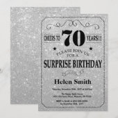 サプライズ70誕生日ブラック&シルバーグリッター 招待状 (正面/裏面)