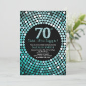 サプライズ70誕生日ブラック&ティール（緑がかった色）グリッター 招待状 (スタンド正面)