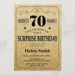 サプライズ70誕生日ブラック&金ゴールドグリッター 招待状