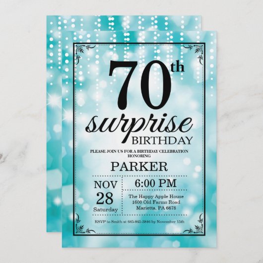 サプライズ70誕生日招待状ティール（緑がかった色）グリッター 招待状 (正面/裏面)