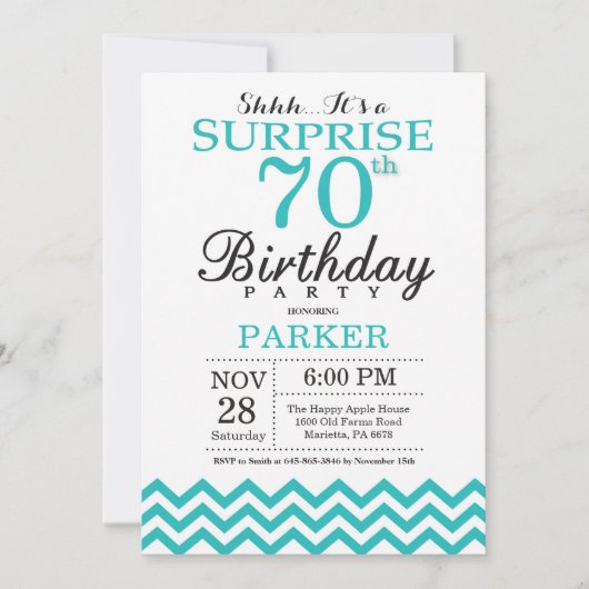 サプライズ70誕生日招待状ティール(緑がかった色)シェブロン 招待状 (正面)