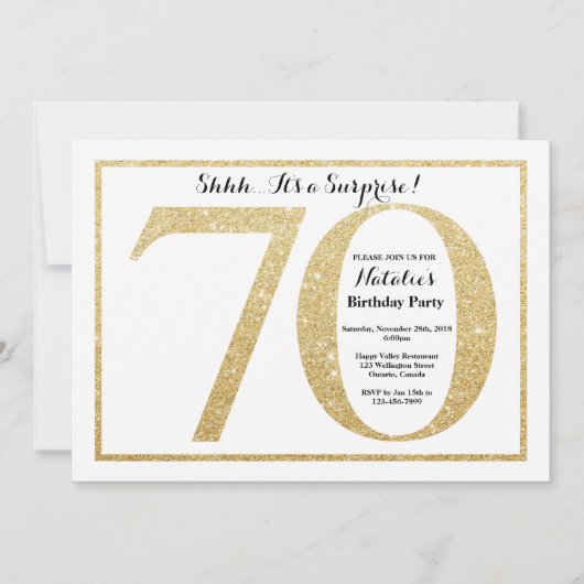 サプライズ70誕生日招待状金ゴールドグリッター 招待状 (正面)