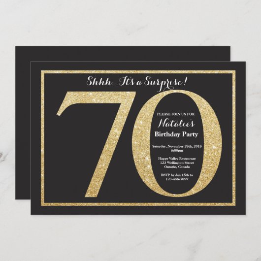 サプライズ70誕生日招待状金ゴールドグリッター 招待状 (正面/裏面)