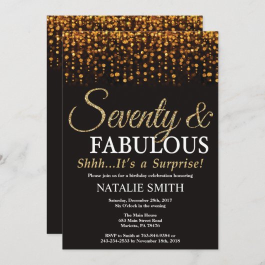 サプライズ70誕生日70と素晴らしい金ゴールド 招待状 (正面/裏面)
