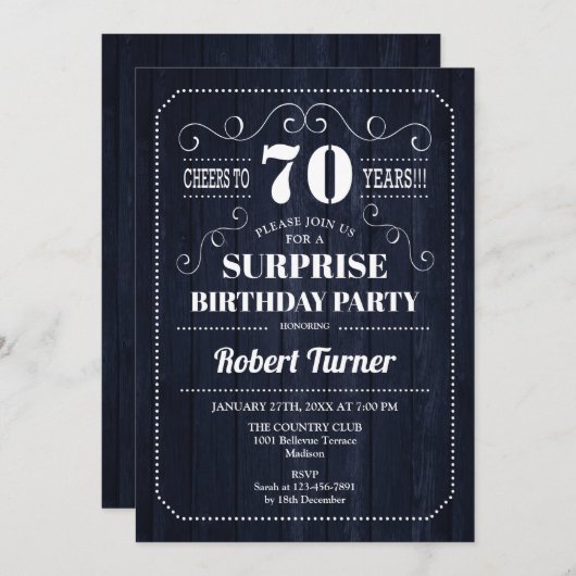 サプライズ70誕生日 – ネイビーウッドパターン 招待状 (正面/裏面)