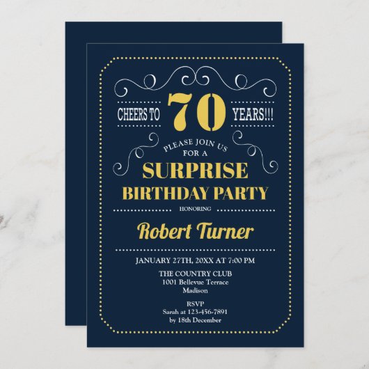 サプライズ70誕生日 – ネイビー金ゴールド 招待状 (正面/裏面)