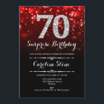 サプライズ70誕生日 – ブラックレッドシルバー 招待状<br><div class="desc">サプライズ70th誕生日招待状。赤エレガント黒デザインとフェイクグリッター銀大人の誕生日。ダイヤモンド、《写真》ぼけ味ライト、スクリプトフォント。男女の招待状。誕生日パーティスタイリッシュに最適。メッセージもしの詳細なカスタマイズが必要。</div>