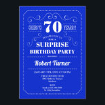 サプライズ70誕生日-王室の青 招待状<br><div class="desc">サプライズ70th誕生日招待状。レトエレガントロ王室のブルーとホワイトデザイン。応援70年！任意のカスタマイズ年齢を示すことができる。</div>