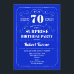 サプライズ70誕生日-王室の青 招待状<br><div class="desc">サプライズ70th誕生日招待状。レトエレガントロ王室のブルーとホワイトデザイン。応援70年！任意のカスタマイズ年齢を示すことができる。</div>