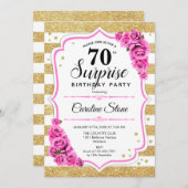 サプライズ70誕生日-金ゴールドホワイトピンク 招待状 (正面/裏面)