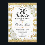 サプライズ70誕生日-金ゴールドホワイト 招待状<br><div class="desc">サプライズ70th誕生日招待状。フェミニンデザインとフェイクグリッター金ゴールド。機能ストライプ、白いバラ、スクリプトフォントと紙吹雪。エレガントな誕生日パーティーに最適。任意のパーソナライズされた年齢を示すことができる。メッセージもしの詳細なカスタマイズが必要。</div>