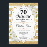 サプライズ70誕生日-金ゴールドホワイト 招待状<br><div class="desc">サプライズ70th誕生日招待状。フェミニンデザインとフェイクグリッター金ゴールド。機能ストライプ、白いバラ、スクリプトフォントと紙吹雪。エレガントな誕生日パーティーに最適。任意のパーソナライズされた年齢を示すことができる。メッセージもしの詳細なカスタマイズが必要。</div>