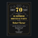 サプライズ70誕生日 – 黒金ゴールド 招待状<br><div class="desc">サプライズ70th誕生日招待状。レトエレガントルchalkboardブラック、金ゴールドイエローとホワイトデザイン。応援70年！任意のカスタマイズ年齢を示すことができる。</div>