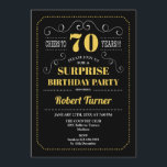 サプライズ70誕生日 – 黒金ゴールド 招待状<br><div class="desc">サプライズ70th誕生日招待状。レトエレガントルchalkboardブラック、金ゴールドイエローとホワイトデザイン。応援70年！任意のカスタマイズ年齢を示すことができる。</div>