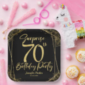 サプライズ70thバースデーパーティブラック&金ゴールドグリッター ペーパープレート (パーティー)