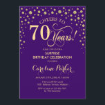 サプライズ70thバースデーパーティー – パープル金ゴールド 招待状<br><div class="desc">誕生日パーティーの招待状70日。紫エレガントと王室のグリッターのフェイク金ゴールドのデザイン。スクリプトフォントとダイヤモンド紙吹雪の機能。応援70年！メッセージもしの詳細なカスタマイズが必要。</div>