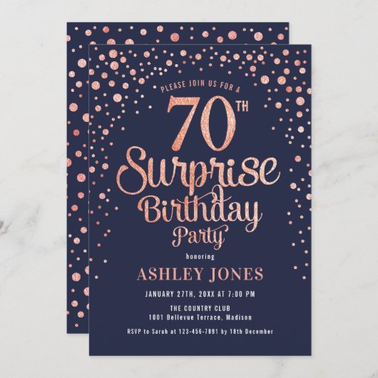 サプライズ70thバースデーパーティー – 海軍とバラ金ゴールド 招待状 (正面/裏面)