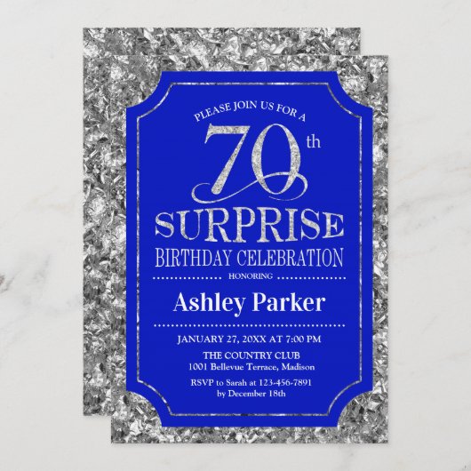 サプライズ70thバースデーパーティー – Silver 王室の Blue 招待状 (正面/裏面)