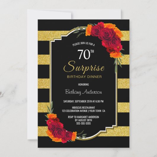 サプライズ70th誕生日ディナーブラック金ゴールド ストライプの 招待状 (正面)