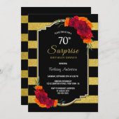 サプライズ70th誕生日ディナーブラック金ゴールド ストライプの 招待状 (正面/裏面)